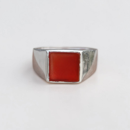 Chevalière Homme argent lisse et pierre carrée Cornaline T62