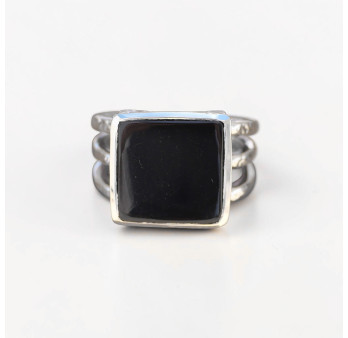 Chevalière Homme argent ajourée et pierre carrée Onyx noir (noir) T65