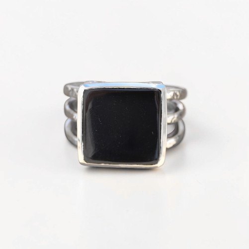 Chevalière Homme argent ajourée et pierre carrée Onyx noir (noir) T65