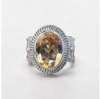 Bague mixte argent gravé et pierre facettée en Citrine T52/57