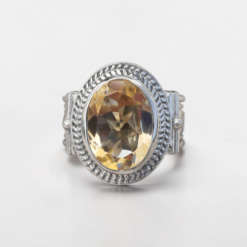 Bague mixte argent gravé et pierre facettée en Citrine T52/57