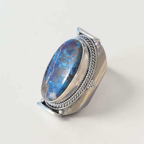 Chevalière mixte large argent et pierre Azurite ovale T62