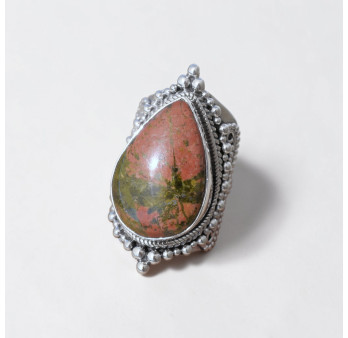 Chevalière mixte large argent ciselé et pierre Jaspe unakite T58