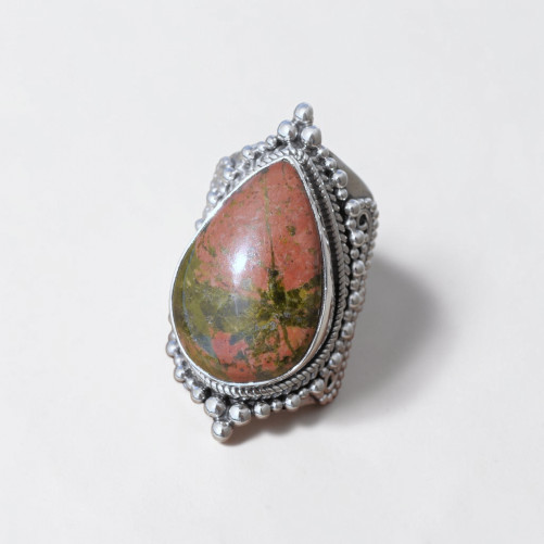 Chevalière mixte large argent ciselé et pierre Jaspe unakite T58