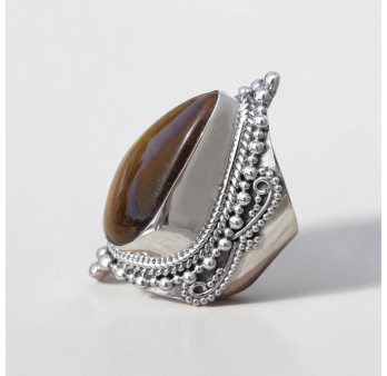Chevalière mixte large argent ciselé et pierre Oeil de tigre T60