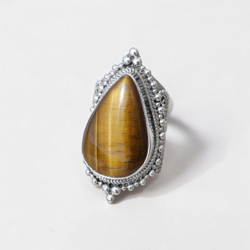 Chevalière mixte large argent ciselé et pierre Oeil de tigre T60