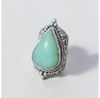 Chevalière mixte large argent ciselé et pierre Chrysoprase T57