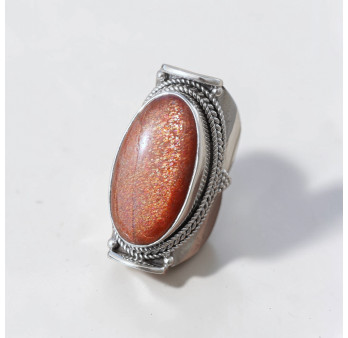 Chevalière mixte large argent et Pierre de soleil ovale T60
