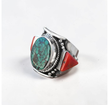 Bague large argent ciselé Turquoise plate et triangles en Corail T57
