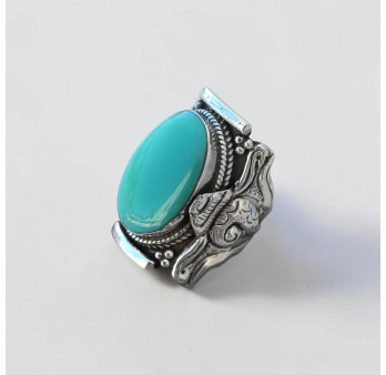 Bague Nepali argent ciselé et Turquoise plate T57