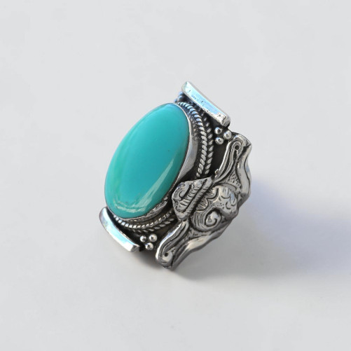 Bague Nepali argent ciselé et Turquoise plate T57