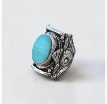 Bague Nepali argent ciselé et Turquoise d'Arizona plate T57