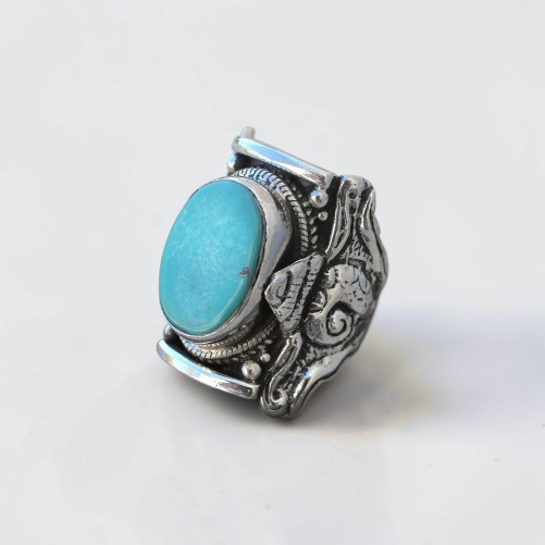 Bague Nepali argent ciselé et Turquoise d'Arizona plate T57