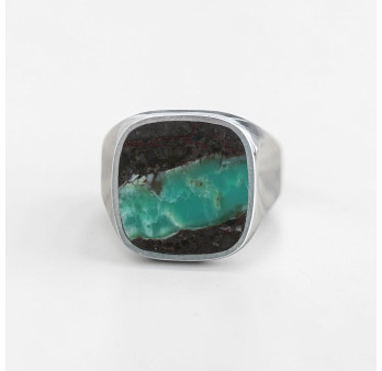 Chevalière en argent et pierre carrée Chrysoprase (vert) (brun) T63