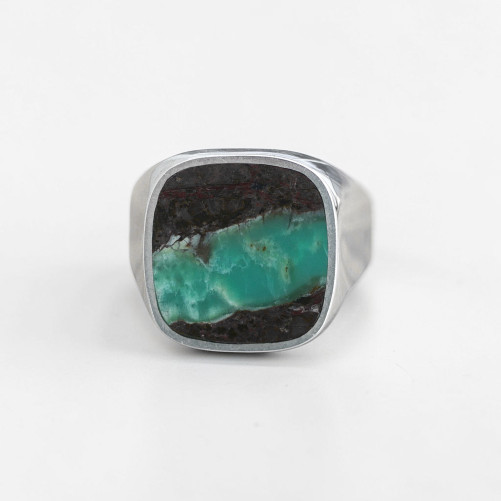 Chevalière en argent et pierre carrée Chrysoprase (vert) (brun) T63