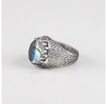 Chevalière Homme en argent ciselé et pierre griffée Prasiolite (vert) T63