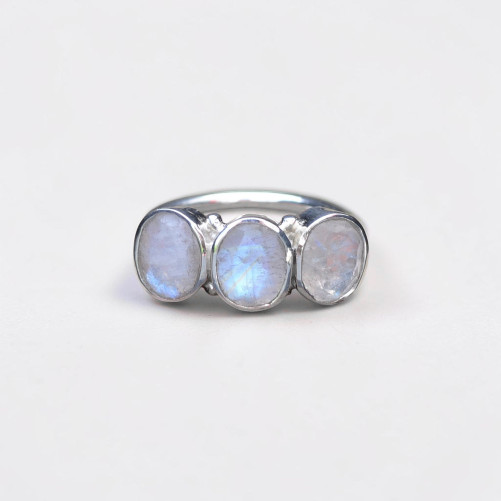 Bague argent 3 Pierres de lune ovales facettées (blanc) T55
