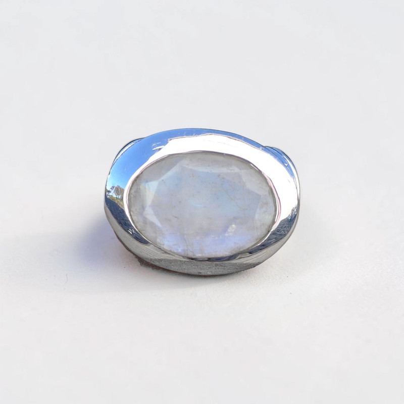 Bague mixte épaisse en argent et Pierre de lune ovale facettée T54
