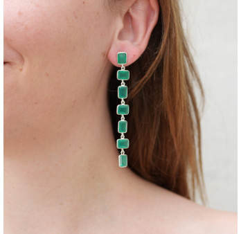 Longues boucles 7 pierres Agate verte rectangulaires et argent (vert)