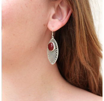 Longues boucles d'oreilles argent navette et pierre ovale en Cornaline (orange)