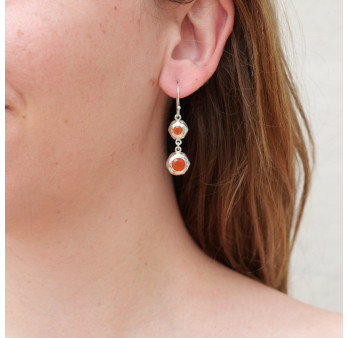 Boucles d'oreilles pendantes argent martelé et 2 pierres naturelles Cornaline (orange)
