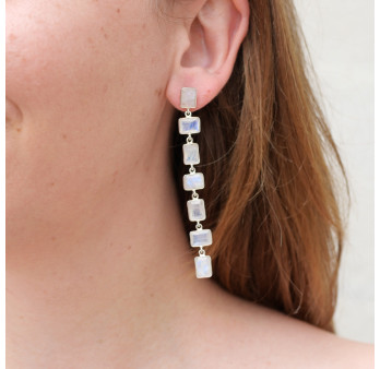 Longues boucles 7 Pierres de lune rectangulaires et argent