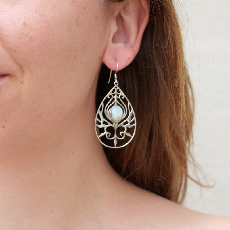 Grandes boucles d'oreilles argent goutte et pierre ovale en Larimar (bleu)