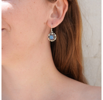 Boucles d'oreilles rondes en argent travaillé et pierre Labradorite (vert) (bleu)