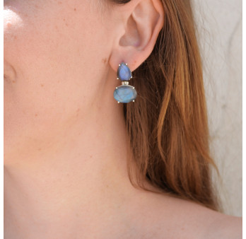 Boucles clous argent 2 pierres griffées Labradorite (bleu)