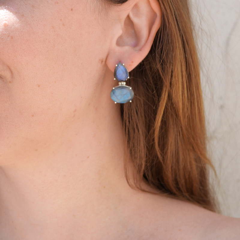 Boucles clous argent 2 pierres griffées Labradorite (bleu)