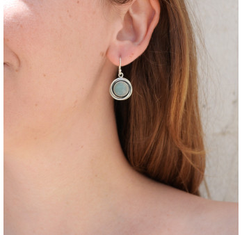 Boucles d'oreilles rondes cerclage argent pierre Calcédoine (bleu)