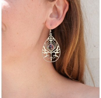 Grandes boucles d'oreilles argent goutte et pierre ovale en Grenat (rouge)