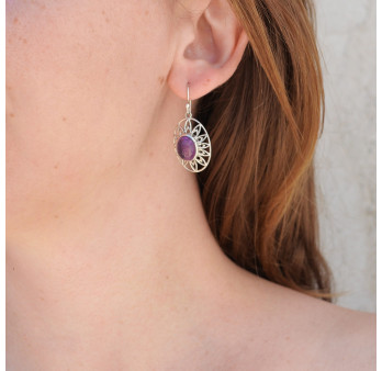 Boucles d'oreilles argent ciselé avec une pierre en améthyste