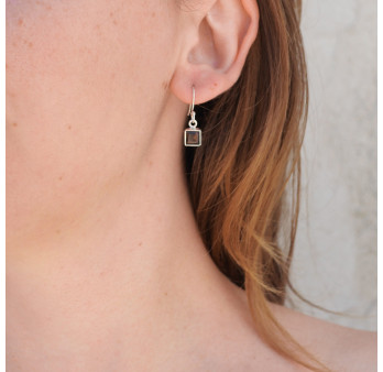 Petites boucles d'oreilles en argent et pierre Quartz fumé carrée facettée