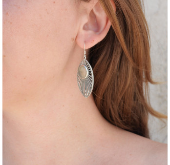 Longues boucles d'oreilles argent navette et pierre ovale en Prehnite (vert)