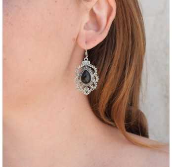 Grandes boucles d'oreilles argent ethniques pierre en Onyx noir