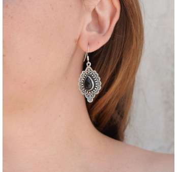 Boucles argent ciselé et pierre Onyx noir (noir)