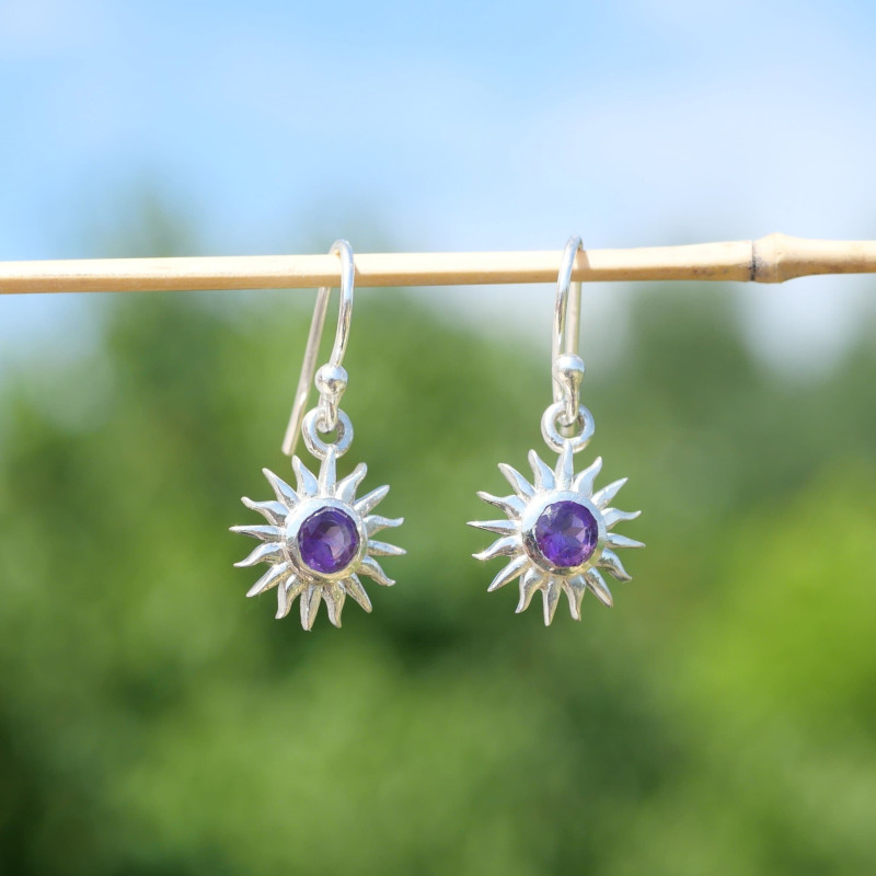Petites boucles soleil argent et pierre Améthyste