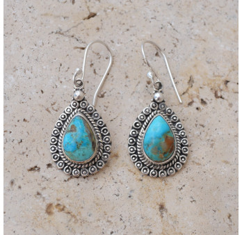Boucles d'oreilles gouttes argent ciselé et pierre Turquoise