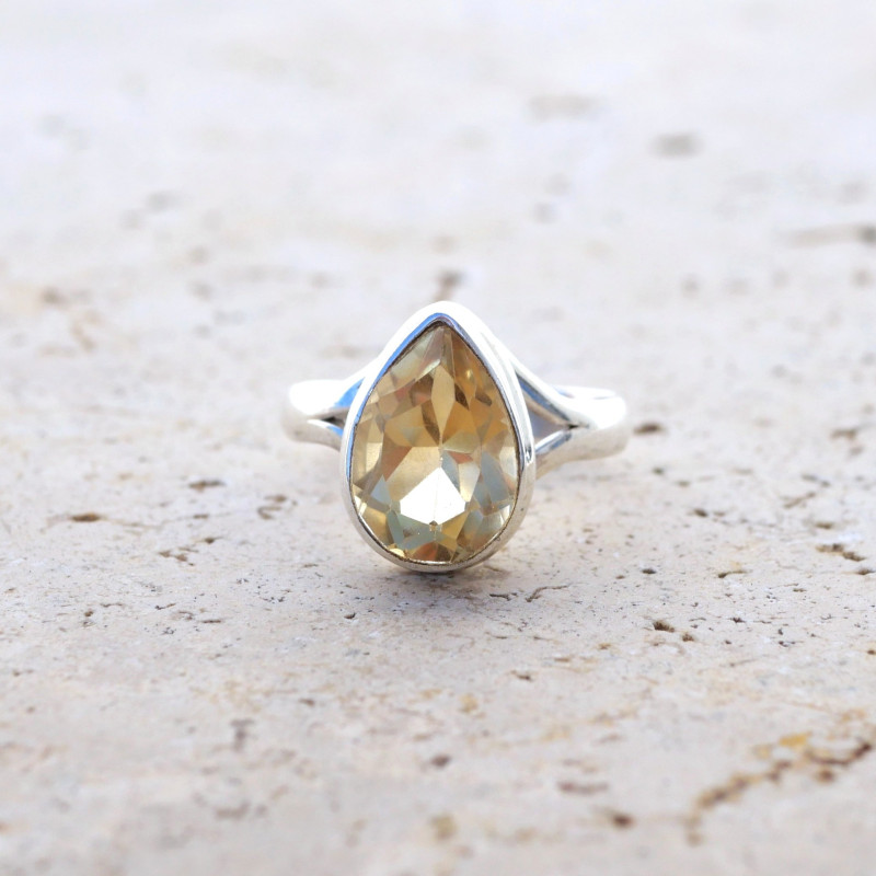Bague haute goutte en Citrine facettée et argent T56/57