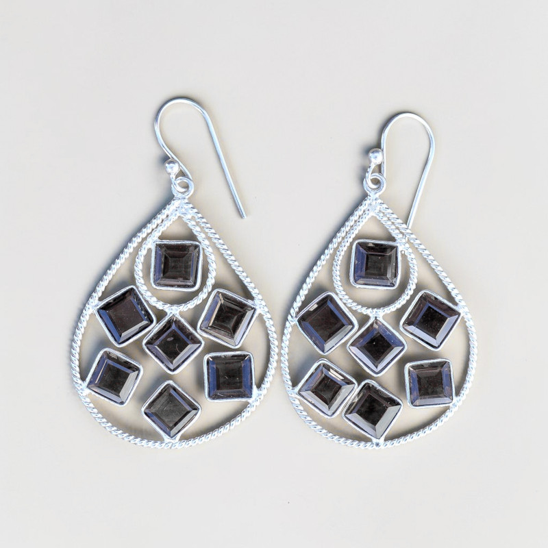 Grandes boucles en goutte argent et 7 pierres carrées en quartz fumé