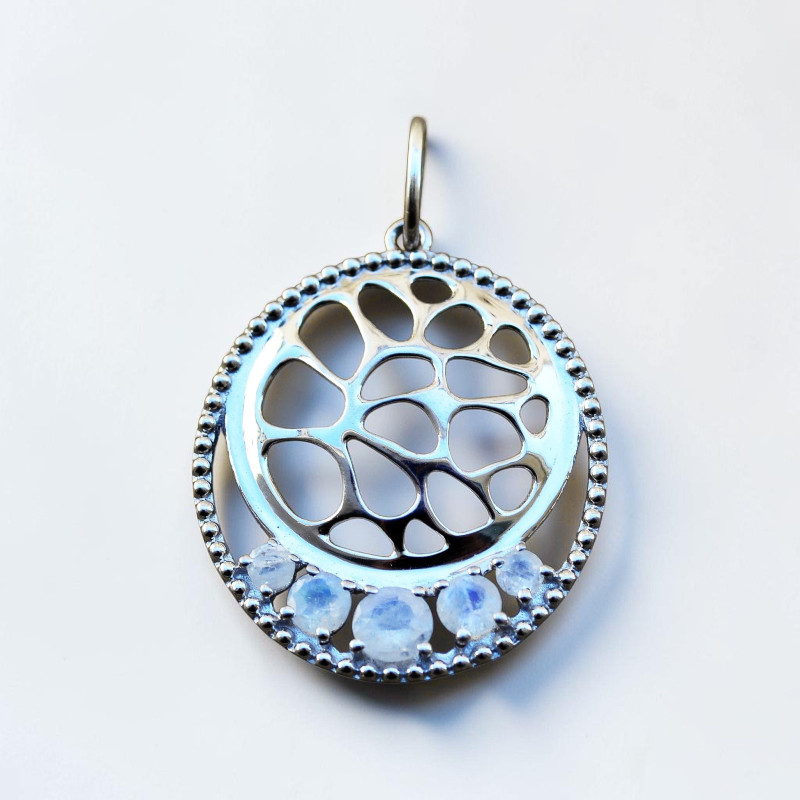 Pendentif argent rhodié 5 pierres de lune arc-en-ciel (blanc)