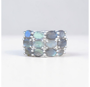 Grosse bague chevalière argent et 12 pierres Labradorite (vert) T55