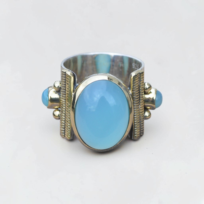 Bague anneau large pierre ovale cabochon en Calcédoine T50/55