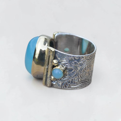 Bague anneau large pierre ovale cabochon en Calcédoine T50/55