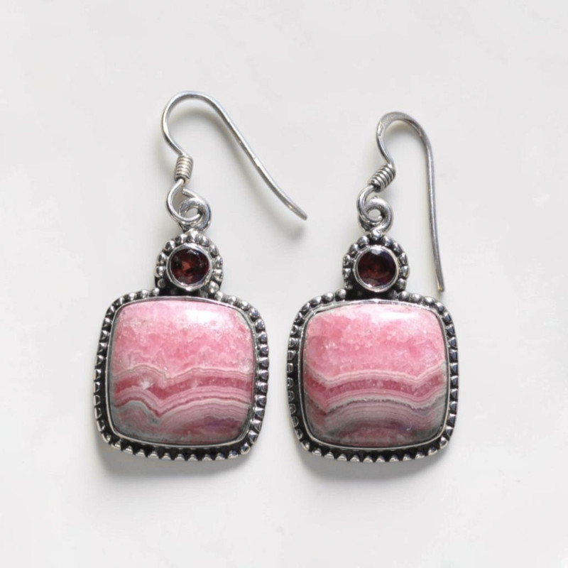 Boucles d'oreilles carrées en argent et pierres en Rhodochrosite et en Grenat (rose) (rouge)