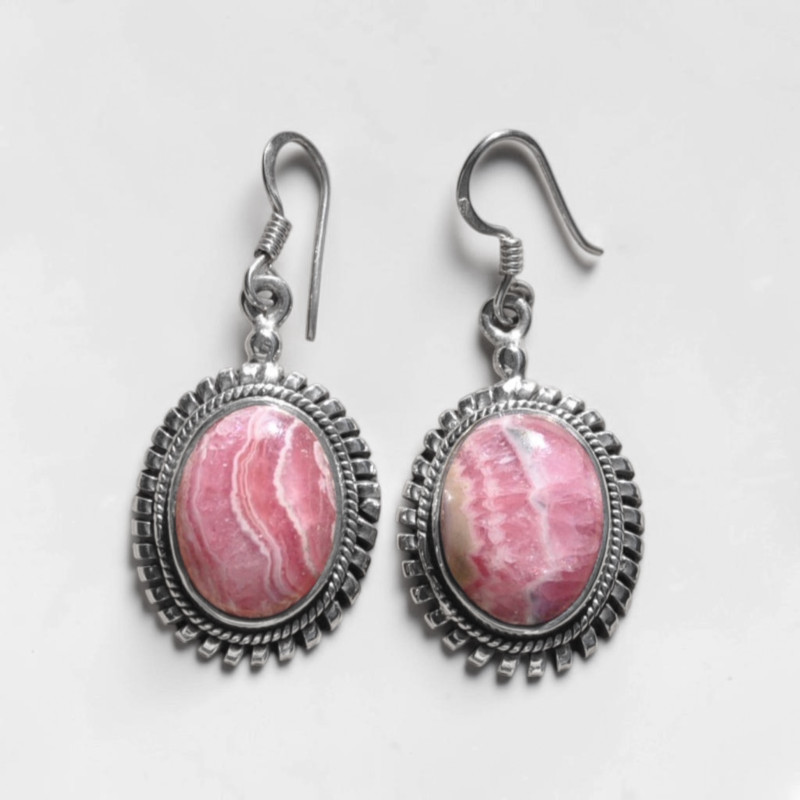 Boucles d'oreilles ovales en Rhodochrosite et argent strié