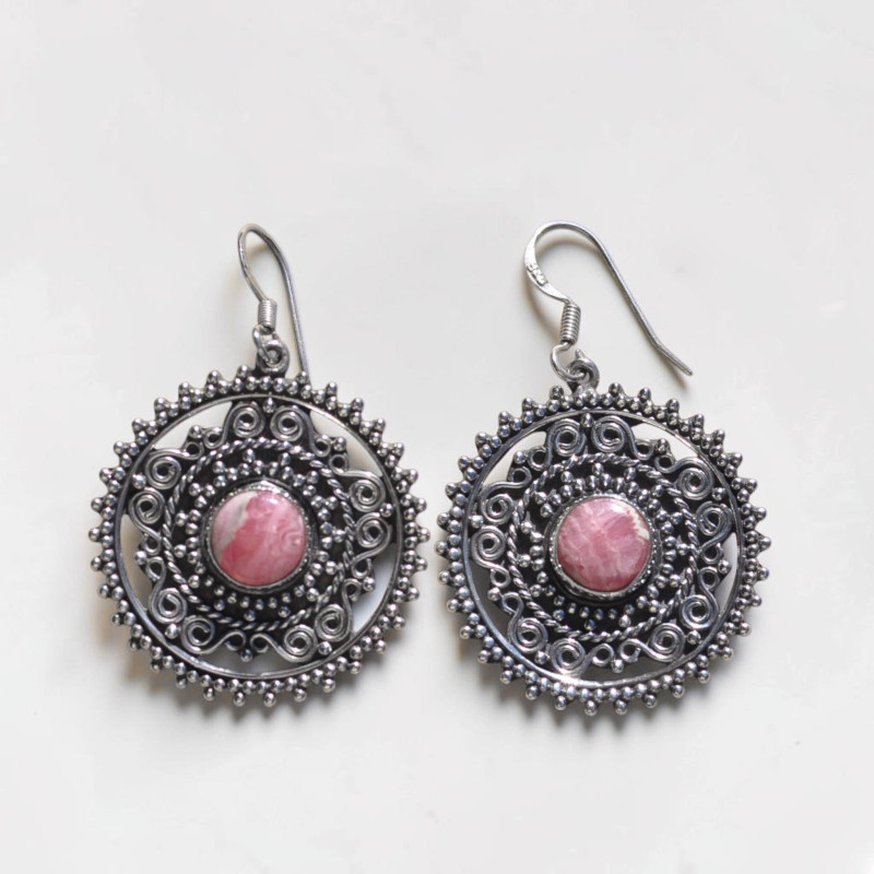 Boucles d'oreilles en argent ciselé main et pierre en Rhodochrosite (rose)
