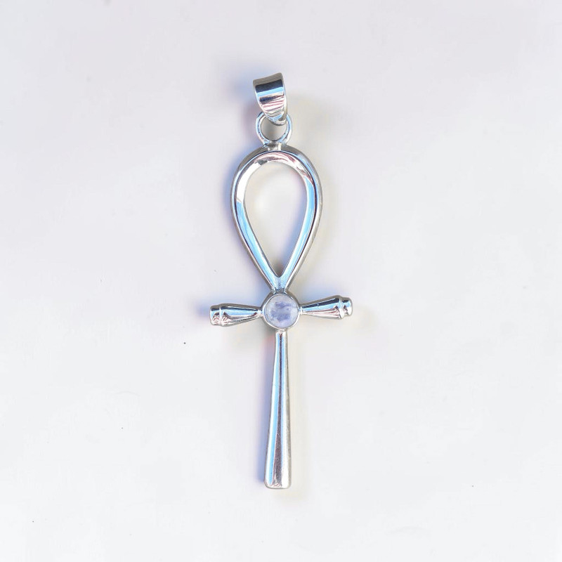 Pendentif Croix de vie argent et Pierre de lune (blanc)