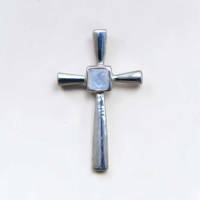 Petit pendentif croix fine en argent et Pierre de lune (blanc)
